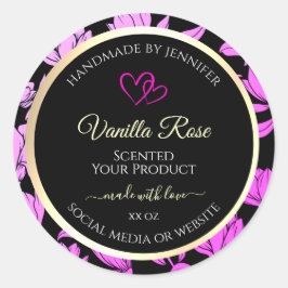 可愛いピンクとブラックのフローラ製品ラベルハート ラウンドシール