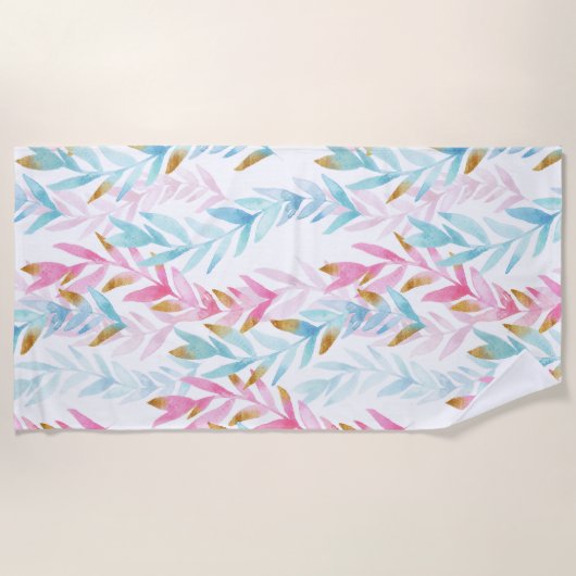 可愛いピンクとブルーと金ゴールド水彩フローラ ビーチタオル (正面)