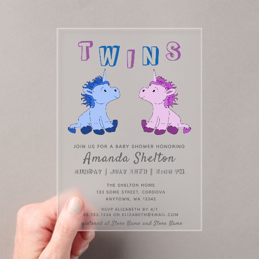 可愛いピンクとブルーのユニコーン双子の赤ちゃんシャワー アクリル招待状 (インサイチュ (ポータブル))