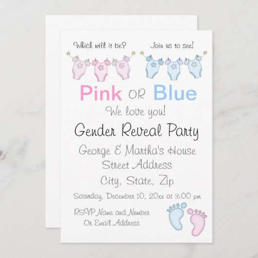 可愛いピンクとブルーの性別リビール招待状 招待状 (正面/裏面)