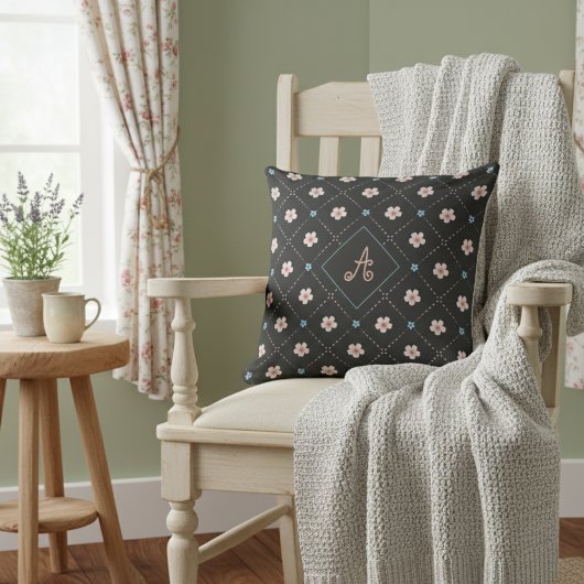 可愛いピンクとブルーの花柄のブラック クッション