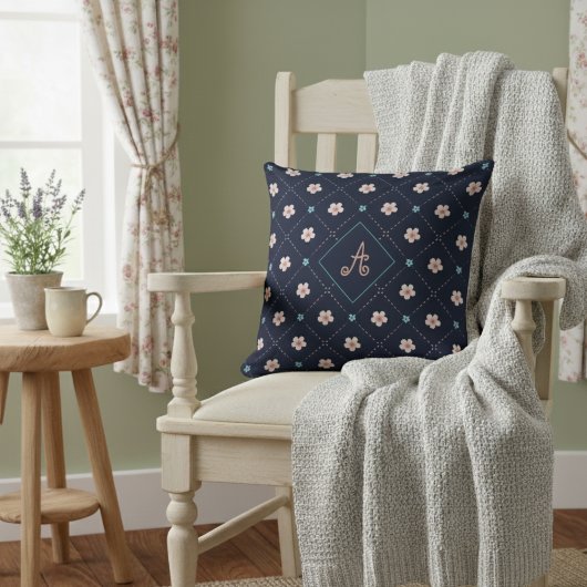 可愛いピンクとブルーの花格子柄 クッション