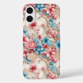 可愛いピンクとブルーの装飾的な花 iPhone 16 PLUSケース