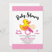 可愛いピンクと白のゴムアヒル赤ちゃんシャワー 招待状 (正面/裏面)