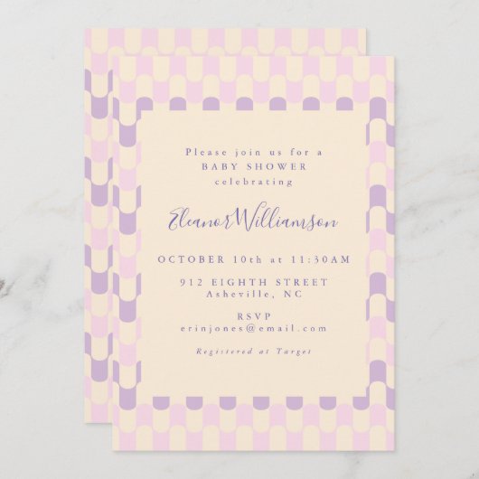 可愛いピンクと紫のグルービーレトロ赤ちゃんシャワー 招待状 (正面/裏面)