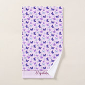 可愛いピンクと紫の蝶名前をカスタムする ガーリー バスタオルセット (ハンドタオル)