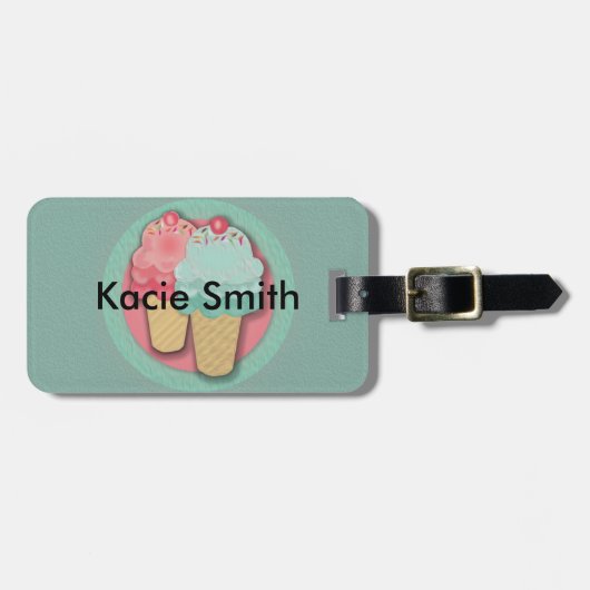 可愛いピンクと緑のアイスクリームコーン荷物タグ ラゲッジタグ (正面横)