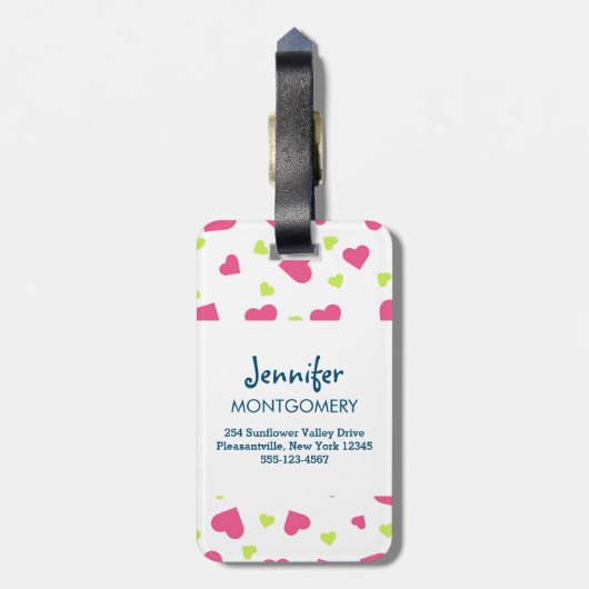 可愛いピンクと緑のタンブルハートパターン ラゲッジタグ (裏面縦)