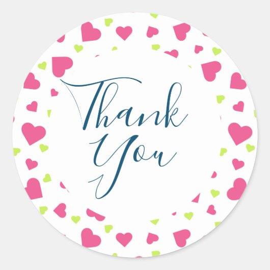 可愛いピンクと緑のタンブルハートパター感謝していン ラウンドシール (正面)