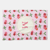 可愛いピンクと赤のさくらんぼパターンカスタムモノグラム キッチンタオル (横)