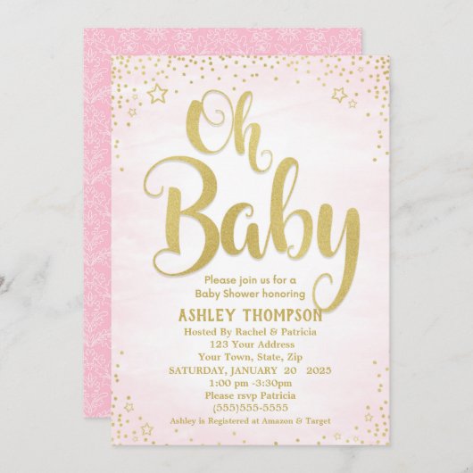 可愛いピンクと金ゴールドオベビースターベビーシャワー 招待状 (正面/裏面)