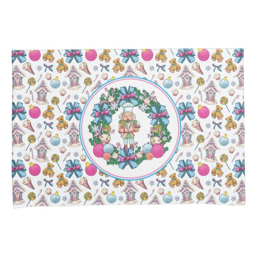 可愛いピンクと青のクリスマスくるみ割りリース 枕カバー (正面右)