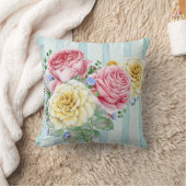 可愛いピンクと黄色のバラとストライプ クッション (ブランケット)