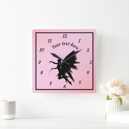 可愛いピンクと黒のシルエットガーリー妖精 スクエア壁時計 (ホーム)