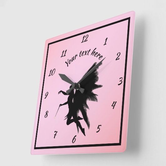 可愛いピンクと黒のシルエットガーリー妖精 スクエア壁時計 (傾斜)