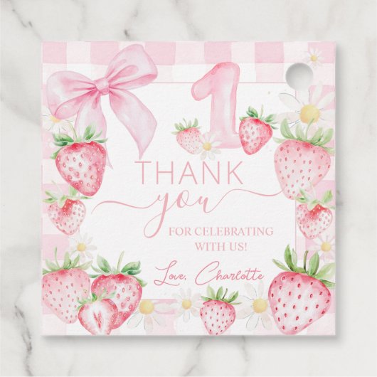 可愛いピンクのイチゴのベリー最初の1歳の誕生日 フェイバータグ (裏面)
