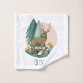 可愛いピンクのウッドランド動物キッズモノグラム バスタオルセット (ウォッシュタオル)