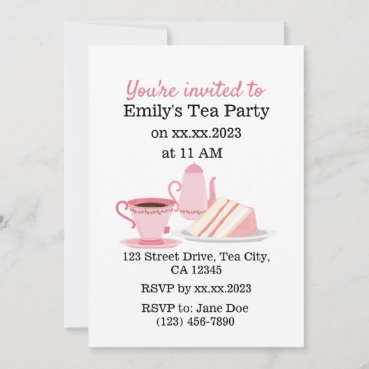 可愛いピンクのカスタマイズ可能な紅茶パーティの招待状 招待状 (正面)