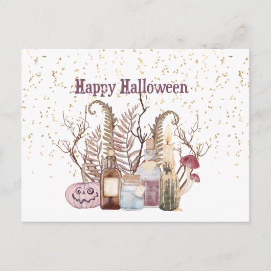 可愛いピンクのカボチャのポーション葉ハロウィーン シーズンポストカード (正面)