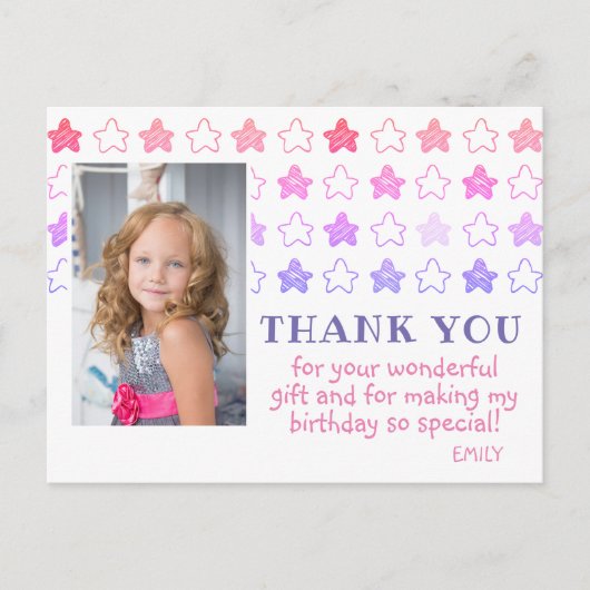 可愛いピンクのガーリー星写真誕生日ありがとう ポストカード (正面)
