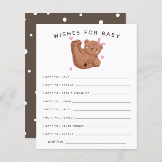 可愛いピンクのキューブベアシャワーの願いベビーカード (正面/裏面)