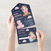 可愛いピンクのクイーンカウガールネイビーブルーベビーシャワー オールインワン招待状 (貼ってはがせる)