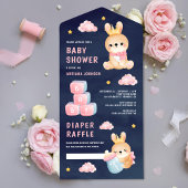 可愛いピンクのクイーンバニーガールネイビーブルーベビーシャワー オールインワン招待状