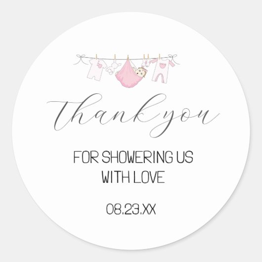 可愛いピンクのクロースレイン赤ちゃんシャワーありがとう ラウンドシール (正面)