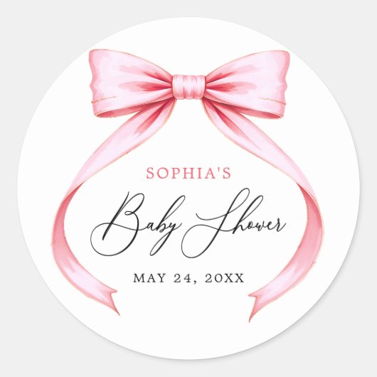 可愛いピンクのコケット弓赤ちゃんシャワー ラウンドシール (正面)