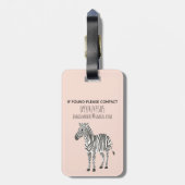 可愛いピンクのサファリゼブラの漫画と名前の子供 ラゲッジタグ (裏面縦)