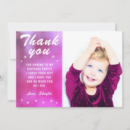可愛いピンクのスターメタリックガーリー誕生日写真 サンキューカード (正面)