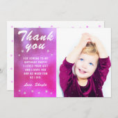 可愛いピンクのスターメタリックガーリー誕生日写真 サンキューカード (正面/裏面)