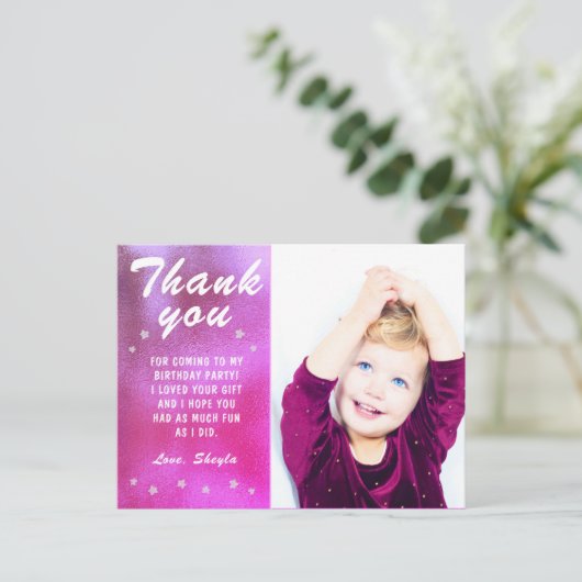 可愛いピンクのスターメタリックガーリー誕生日写真 ポストカード (スタンド正面)