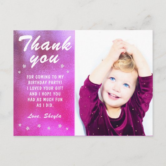 可愛いピンクのスターメタリックガーリー誕生日写真 ポストカード (正面)