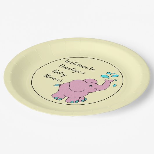 可愛いピンクのゾウお名前ベビーシャワーテープ ペーパープレート (アングル)