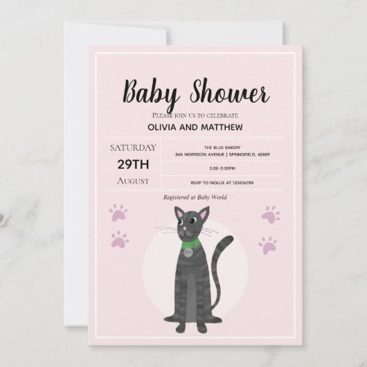 可愛いピンクのタビー猫の漫画の赤ちゃんシャワー 招待状 (正面)
