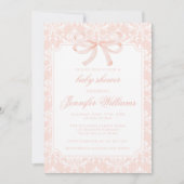 可愛いピンクのダマスク弓ベビーガールシャワー 招待状 (正面)