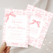可愛いピンクのダマスコリボン赤ちゃんシャワー 招待状
