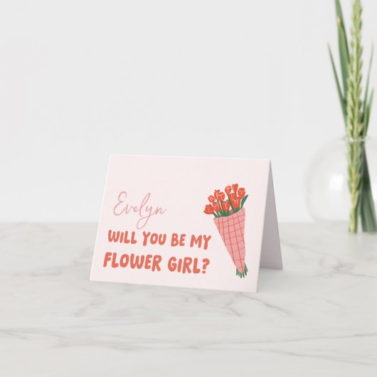 可愛いピンクのチューリップパーソナライズされたフラワーガール提案 カード (正面)