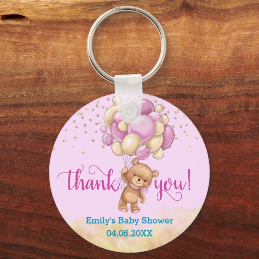 可愛いピンクのテディベアバルーンありがとう赤ちゃんシャワー キーホルダー (正面)