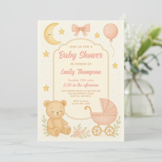 可愛いピンクのテディベア女の子の赤ちゃんシャワー 招待状 (スタンド正面)