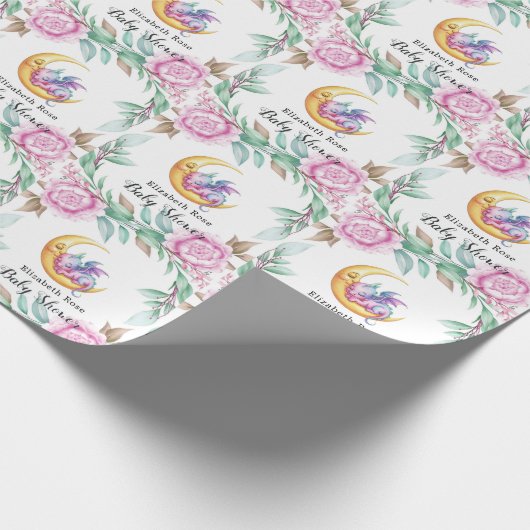 可愛いピンクのドラゴンと牡丹ガール赤ちゃんシャワー ラッピングペーパー (角)
