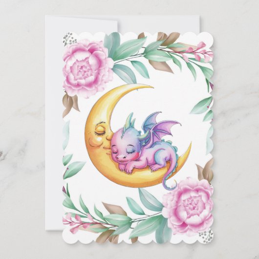 可愛いピンクのドラゴンと牡丹ガール赤ちゃんシャワー 招待状 (裏面)