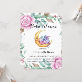 可愛いピンクのドラゴンと牡丹ガール赤ちゃんシャワー 招待状