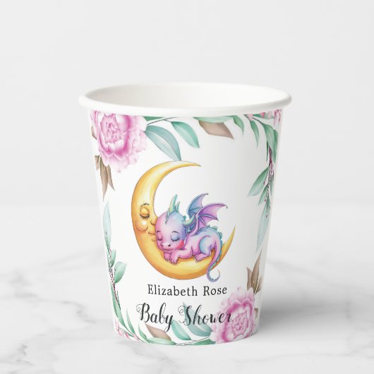 可愛いピンクのドラゴンと牡丹ガール赤ちゃんシャワー 紙コップ (正面)