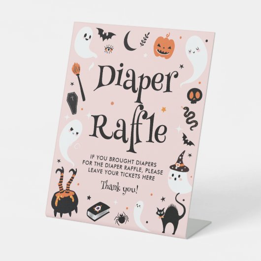 可愛いピンクのハロウィンベビーシャワーオムツラッフル 台座サイン (正面)