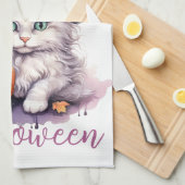 可愛いピンクのハロウィーン誕生日パーティキッテンカボチャ キッチンタオル (四つ折り)