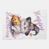 可愛いピンクのハロウィーン誕生日パーティキッテンカボチャ キッチンタオル (横)