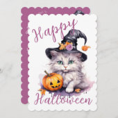 可愛いピンクのハロウィーン誕生日パーティキッテンカボチャ 招待状 (正面/裏面)