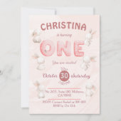 可愛いピンクのバニーをテーマにしたパステルモダンの1回目の誕生日 招待状 (正面)